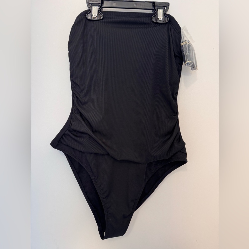 NWOT Shade & Shore Black One Piece Ruffled Bathing Suit Medium W/ Straps & Pads